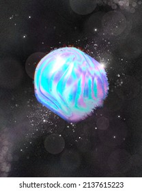 A Holographic Chrome Retro Glitch Abstract Orb Floating In Space With Stars