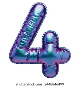 Holographic digit four in the shape of a balloon, isolated on white background. An inflatable balloon of blue-green and purple color with a glossy texture.