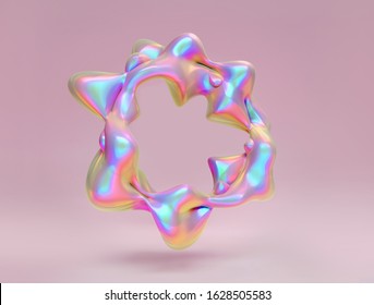 Holographic Foil Abstract Liquid Blob Frame On Pastel Pink Background. Neon 3D  Render Illustration With Copy Space. Trendy Minimal Geometric Iridescence Design For Text