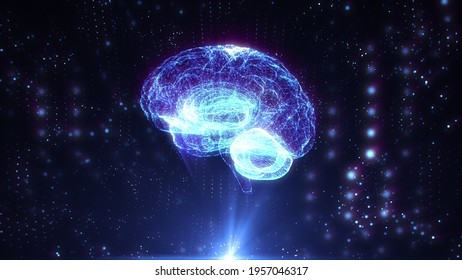 Holographic Human Brain Rotating In Virtual Space. X-rays Future Technologies. Innovation In Science. Using Virtual Reality To Scan The Nervous System Organs. Futuristic Data. 3D Render