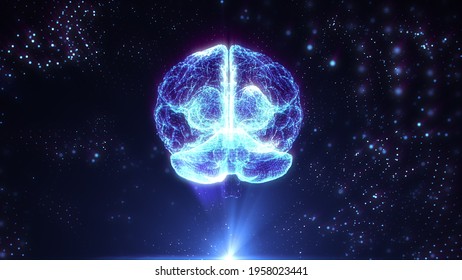 Holographic Human Brain Rotating In Virtual Space. X-rays Future Technologies. Innovation In Science. Using Virtual Reality To Scan The Nervous System Organs. Futuristic Data. 3D Render Animation Loop