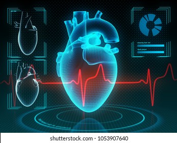 Holographic human heart in virtual reality. Futuristic diagnostic in medicine. 3d illustration.