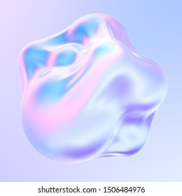 Holographic liquid metal 3D shape. dynamic fluid bubbles covered by holographic foil. Trendy design element. 3d rendering.