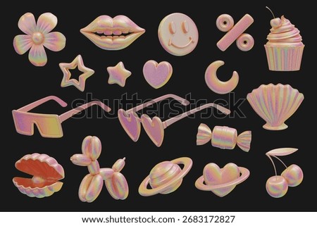 Holographic object aesthetic element collection set pack isolated background 3d rendering