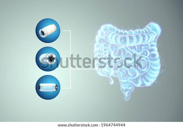 Holographic\
projection of intestinal scan and capsule endoskom with small video\
camera. Concept of new technologies, bowel scan, digital x-ray,\
modern medicine. 3D illustration, 3D\
render