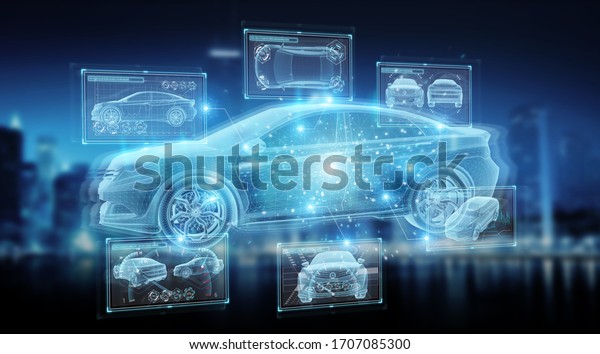 Holographic smart car interface digital
projection on blue background 3D
rendering