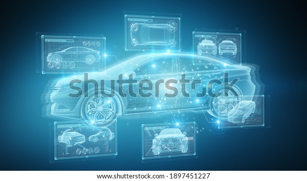 Holographic smart car interface digital\
projection on blue background 3D\
rendering