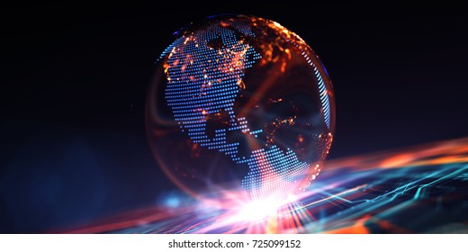 The holographic virtual model  the planet Earth, on a abstract technological background made of different element printed circuit board. Virtual model of digital earth communications. 3D Rendering