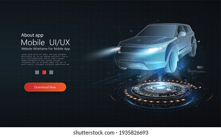 Holographic Wireframe Car Model Rotating In Black Virtual Space. Smart Car Isometric Banner. Abstract Project Of A Smart, Intelligent Car. Hologram Auto, Futuristic Model Auto.Automotive Technology