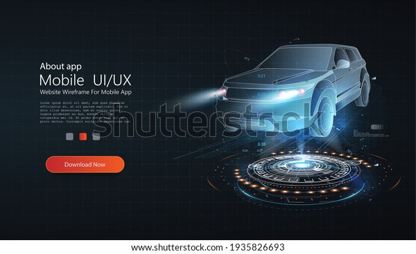 Holographic wireframe car model rotating in\
black virtual space. Smart car isometric banner. Abstract project\
of a smart, intelligent car. Hologram auto, futuristic model\
auto.Automotive\
technology