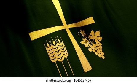 Holy Cross With Thanksgiving Symbols On Green Cloth. Close Up 3D Illustration Conceptual Shot Of Christian Liturgical Background For Online Live Video Sermons And Confessional Religious Content.