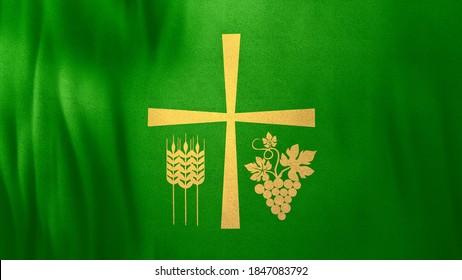 Holy Cross With Thanksgiving Symbols On Green Cloth. Wide 3D Illustration Conceptual Shot Of Christian Liturgical Background For Online Live Video Sermons And Confessional Religious Content.