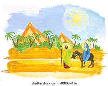 Holy Family, Flight To Egypt. Joseph, Mary And Child Jesus, On A Donkey, Walking In Egyptian Desert, With Palm Trees And Pyramids. Abstract Artistic Watercolor Tempera Illustration.