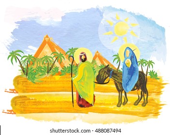 Holy Family, Flight To Egypt. Joseph, Mary And Child Jesus, On A Donkey, Walking In Egyptian Desert, With Palm Trees And Pyramids. Abstract Artistic Watercolor Tempera Illustration.