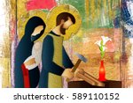 Holy family of Jesus, Mary and St Joseph the worker. Artistic abstract religious design.