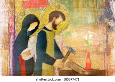 Holy Family Of Jesus, Mary And St Joseph The Worker. Artistic Abstract Religious Design.