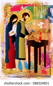 Holy Family Of Jesus, Mary And St Joseph The Worker. Artistic Abstract Religious Design.