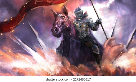 a holy knight in heavy steel armor with a closed helmet sits on a horse and holds a red flag in his hands. air clouds are running under his feet, and sharp spears are sticking out of them. 2d art
