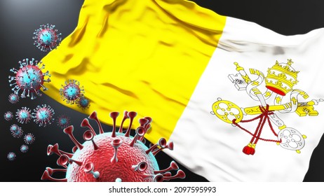 Holy See And The Covid Pandemic - Corona Virus Attacking National Flag Of Holy See To Symbolize The Fight, Struggle And The Virus Presence In This Country, 3d Illustration