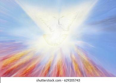 Holy Spirit, Pentecost Or Confirmation Symbol With A Dove, And Bursting Rays Of Flames Or Fire. Abstract Modern Religious Digital Illustration Background