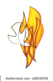 Holy Spirit, Pentecost Symbol With A Dove, Flames Or Fire. Abstract Modern Religious Digital Illustration Made Without Reference Image.