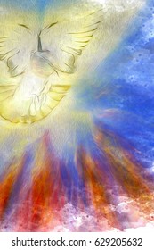 Holy Spirit, Pentecost Symbol With A Dove, And Bursting Rays Of Flames Or Fire. Abstract Modern Religious Digital Illustration.