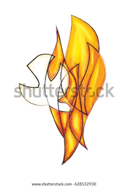 Holy Spirit, Pentecost symbol with a dove, flames\
or fire. Abstract modern religious digital illustration made\
without reference\
image.