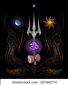 Holy Symbols Of Yoga And Lord Shiva, Trishul, Sound Om And Drum Damaru, Sun, Moon, Star, Geometric And Floral Pattern, Sparks Of Fire, Black Background, Use Opacity Mask, Illustration