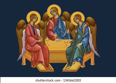 Holy Trinity. Trinitarian. Father, Son, Holy Ghost. Illustration - fresco in Byzantine style.