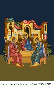 Holy Trinity. Trinitarian. Father, Son, Holy Ghost. Illustration in Byzantine style