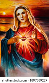 Holy Virgin Mary With A Heart. Mother Of Jesus Christ, Catholic Christian Church. Oil Painting