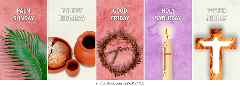 Holy Week - the order of important days with English descriptions in the correct liturgical colors, the biggest Christian holidays - Powered by Shutterstock