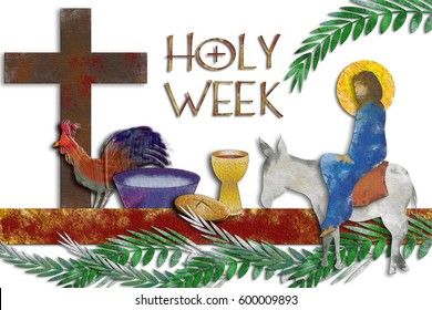 Holy week  - The passion of Jesus Christ with Entry into Jerusalem, Eucharist, washing of the feet, rooster and cross. Modern abstract textured digital illustration made without reference image.