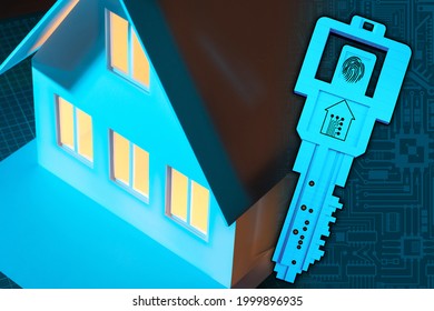 Home access control. The layout of the cottage and the abstract key. Housing security systems. Access control to the room. Electronic key for the house. 3D render 
