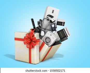 Home Appliances Fly Out Of A Christmas Gift Box 3d Render On Blue Gradient