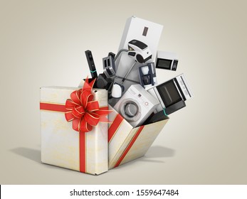 Home Appliances Fly Out Of A Christmas Gift Box 3d Render On Color Gradient