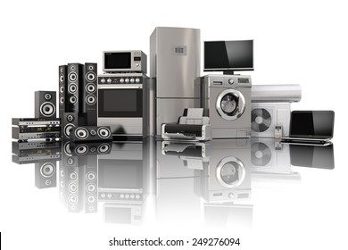 Home Appliances. Gas Cooker, Tv Cinema, Refrigerator Air Conditioner Microwave, Laptop And Washing Machine. 3d