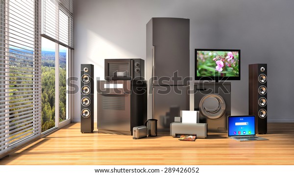 Home appliances. Gas\
cooker, tv cinema, refrigerator, microwave, laptop and washing\
machine. 3d\
illustration