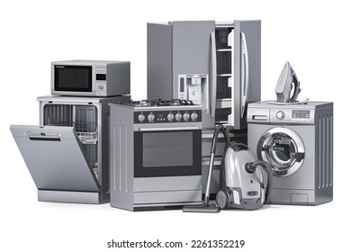 Home appliances. Household kitchen technics isolated on white background. Fridge, dishwasher, gas cooker, microwave oven, washing machine vacuum cleaner air conditioneer and iron. 3d illustration