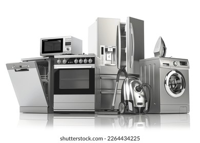 Home appliances. Household kitchen technics isolated on white background. Fridge, dishwasher, gas cooker, microwave oven, washing machine vacuum cleaner air conditioneer and iron. 3d illustration - Powered by Shutterstock - Get 15% off with code: PIKWIZARD15