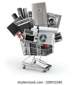 Home appliances in the shopping cart. E-commerce or online shopping concept. 3d