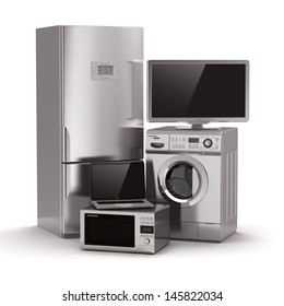 Home Appliances. Tv, Refrigerator, Microwave, Laptop And  Washing Maching. 3d