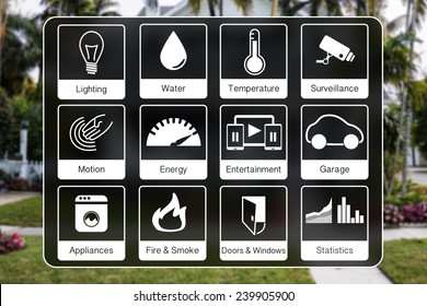 Home Automation Icons To Control A Smart Home Like Light, Water, Surveillance, Energy, Smoke Detection, Motion Sensors Using Flat Design With Blurred Photo Of House In The Background