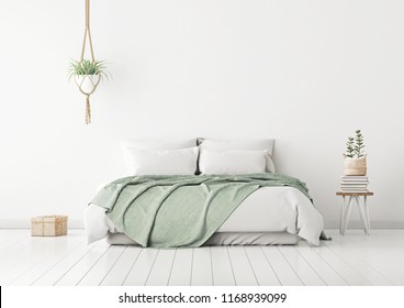 Home Bedroom Interior Mockup With Bed, Green Plaid, Pillows And Plants On Empty White Wall Background. 3D Rendering.