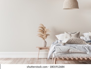 Home Bedroom Interior Mockup With A Wooden Bed, Beige And Blue Bedding, Pillows, A Vase Of Pampas And Rattan Lamp On Empty Wall Background, 3d Render, 3d Illustration