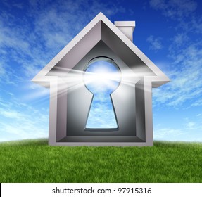 Home Buying And Real Estate Property Ownership After A Mortgage Approval And Good Credit Rating With A Key Hole In A House Symbol On A Blue Sky And Grass With Glowing Light Of Success.