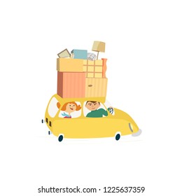 Home Change Concept. Young Happy Couple Move To New House, Drive Car With Moving Cardboard Boxes. Relocation To Apartment, Delivery Vehicle. Cute Fancy Cartoon Background Design. Fancy Illustration