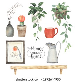 Home character set, interior items, plants in pots, a painting with robin bird, wood shelf, red cup, jug and vase with dry branch. Watercolor collection isolated symbols for your design.