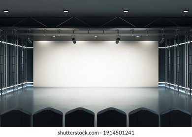 Home cinema concept with big blank white screen with projectors on top, raw of seats, gloosy floor and led lights on the walls. Mockup. 3D rendering. - Powered by Shutterstock