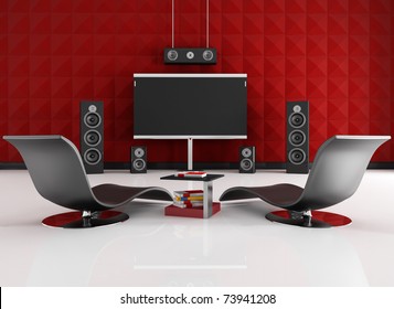Home Cinema Room With Red Acoustic Panel - Rendering
